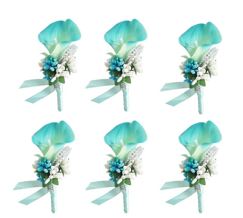 ChezMax Calla Lily Blue Boutonniere Handmade Silk Flower with Ribbon Corsage for Bride Groom Wedding Party 6 Packs - Image 1